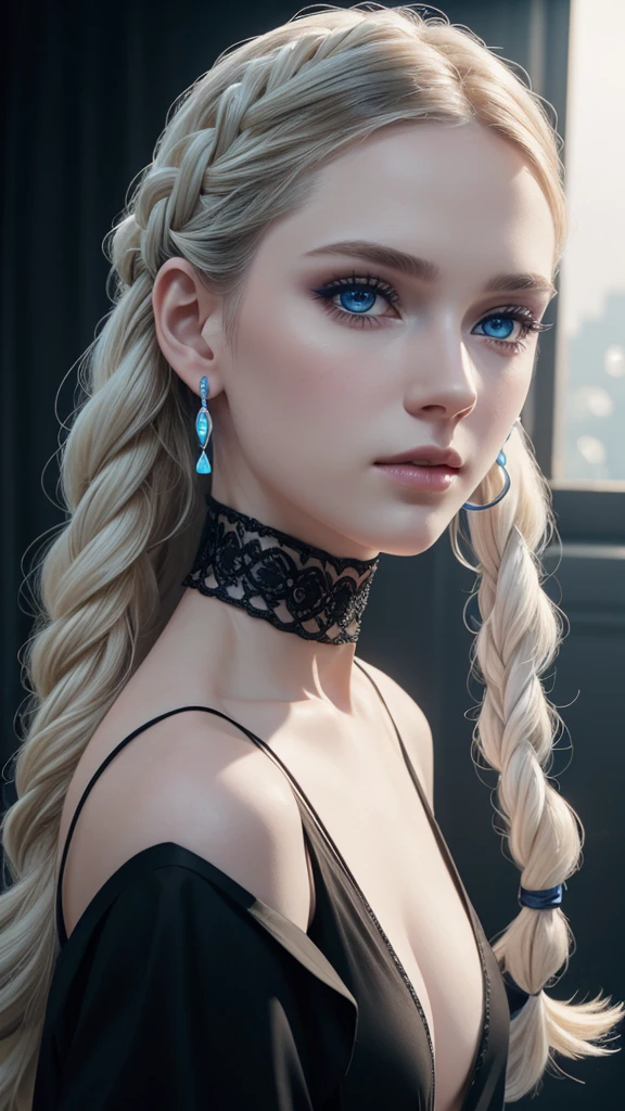 close-up of a beautiful woman, pale white skin, blue eyes, very long white braided hair, makeup, earrings, choker, low-cut black shirt (translucent), (masterpiece), (8K), (photorealistic), (ray tracing) ), (excellent lighting effect).ufo