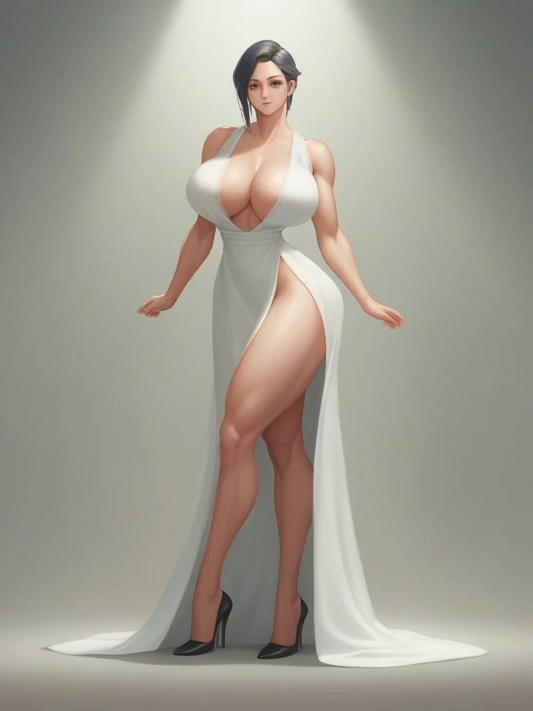 gigantic voluptuous old, 18 years, thin waist,( whole body), toned, a person in a fine white lace robe, arte cyberpunk by Russell Dongjun Lu, trend on CGsociety,  Light rays, rays of god, muscular, realist, old, sexy legs, black high heel shoes