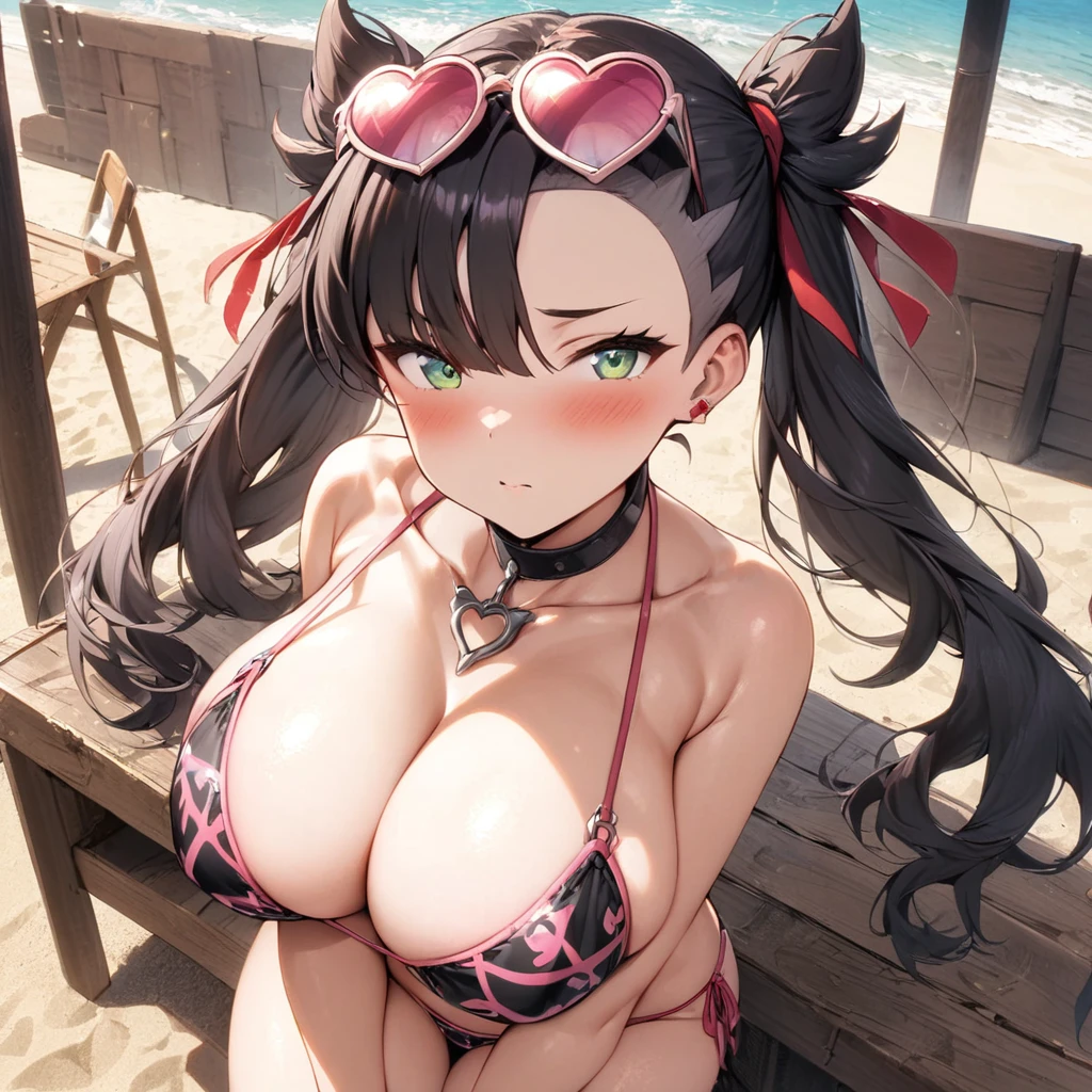 (masterpiece), best quality, expressive eyes, perfect face,1girl,gravure idol,big breasts,pink and black patterned string bikini,pink heart-shaped sunglases on head,strap gap,beach,beach bar,blush,cowboy shot,looking at viewer
, red ribbon, asymmetrical bangs, twintails, green eyes, hair ribbon, black hair, marnie, heart pendant