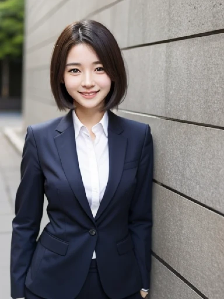 Japanese、18 year old girl、Very slim、((Smiling))、business suit、Business district、hort hair