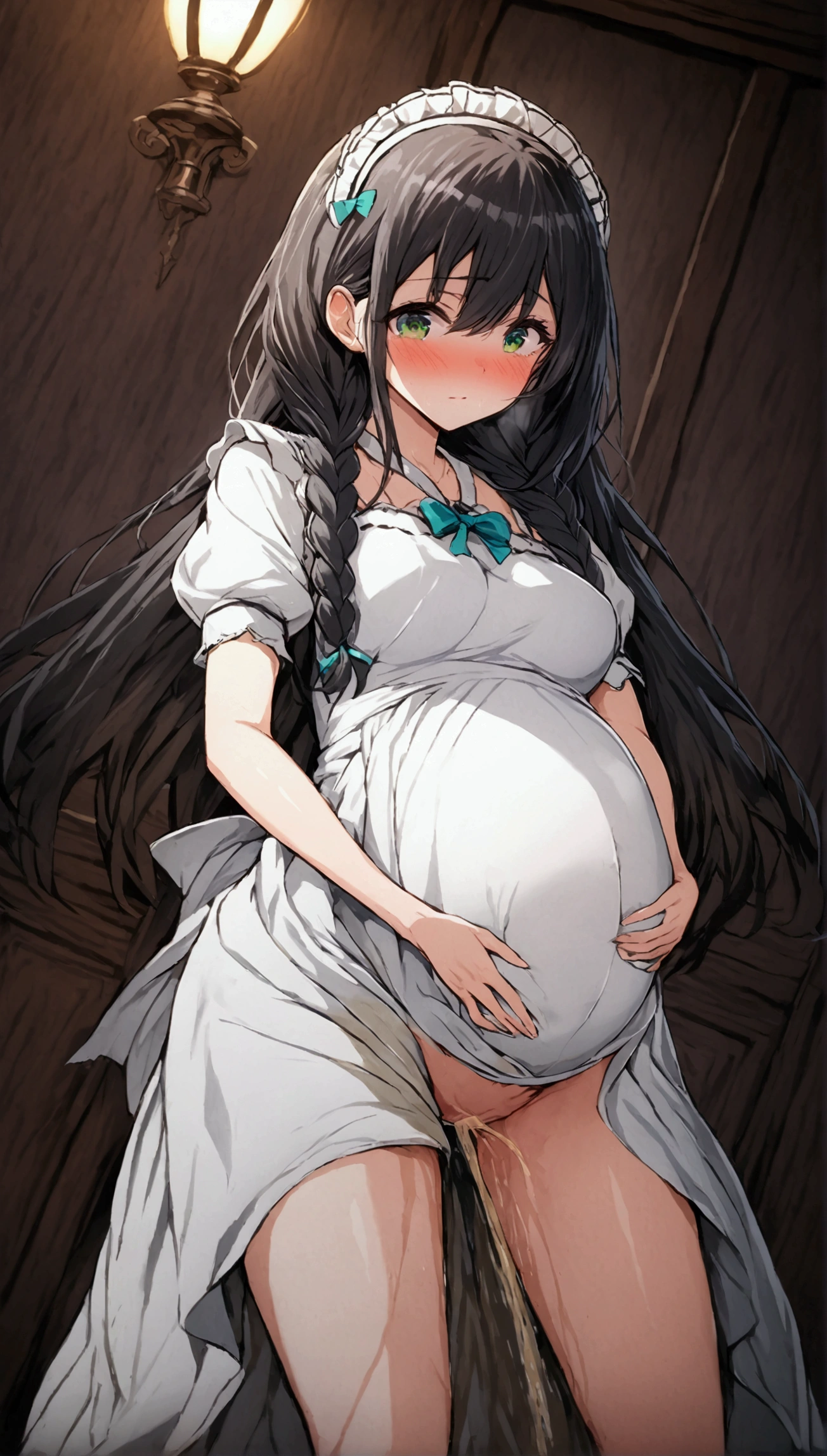 Anime. 1 girl. Housemaid. Pregnant. Black hair. Long hair. Hair is gathered in braids. Green eyes. Beautiful eyes. Perfect eyes. Expressive eyes. Beautiful nose. Ideal anatomical body. Beautiful graceful hands. Beautiful graceful legs. Medium breasts. Beautiful breasts. Nightgown. Contractions. The waters have broken. birth. She's giving birth. I peed myself. I crap myself. Standing. Bedroom in a mansion. Full height. Embarrassment. Blush. Whole body. Extremely detailed CG Unity 8k wallpaper. Ideal lighting. Ultra high resolution 4K. Super detailed 8K resolution.