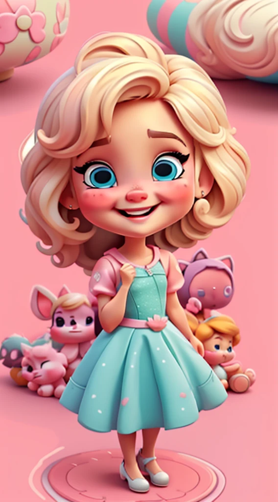 Baby girl cute chibi style, , , Tema estilosa, Linda, expressiva, Feliz, Sorriso lindo, bonito cabelos lisos, modelo profissional, Poses fofas, blonde, blue eyes, vivid color, blonde hair, pink dress, pink dress, white background
