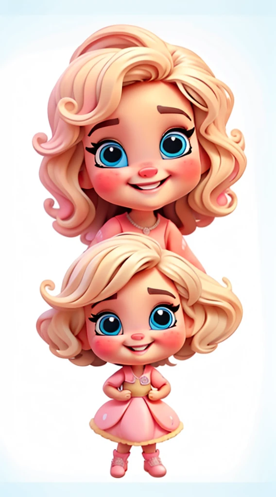  cute chibi style, , , Tema estilosa, Linda, expressiva, Feliz, Sorriso lindo, bonito cabelos lisos, modelo profissional, Poses fofas, blonde, blue eyes, vivid color, blonde hair, pink dress, pink dress, white background
