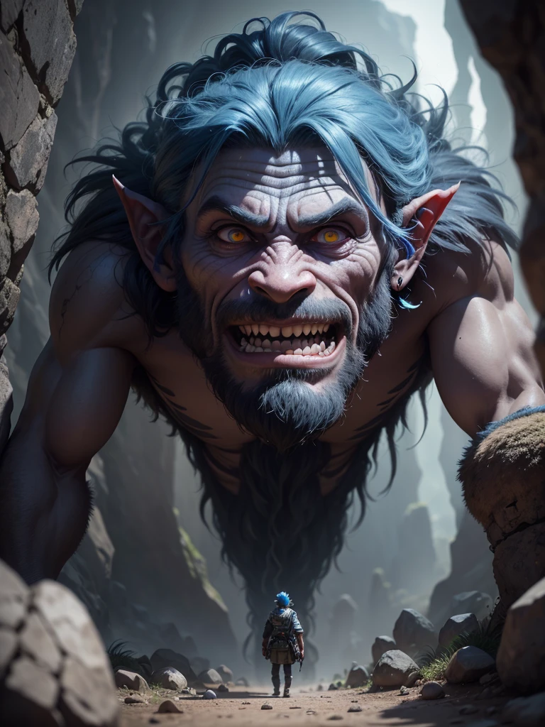 Un troll, enorme, con ropa de trolls, el trolls se ve feroz, con mirada que da miedo; dentro de una enorme cueva, vista amplia. 

Hyperealismo, cinematic style, Ultra realism, HDR, cinematic lighting, unity rendering, high detail, 4k resolution, vfx effects.