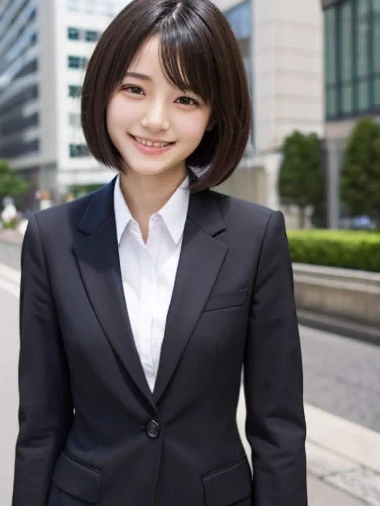 Japanese、18 year old girl、Very slim、((Smiling))、business suit、Business district、hort hair