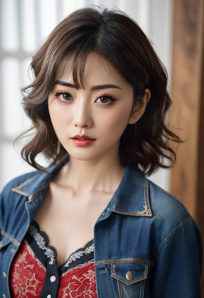 ((Highest quality, 8K, masterpiece, Portraiture: 1.3)), (Looking at the audience, Looking down),Realistic, Sharp focus, Beautiful Japanese Woman, Cowboy Shot、 25-year-old housewife、, Short wavy hair, ((Beautifully detailed skin)), ((double eyelid, eyelash, Lip gloss)), I'll be waiting at the entrance、Detailed face、Detailed eyes、Symmetrical eyes、