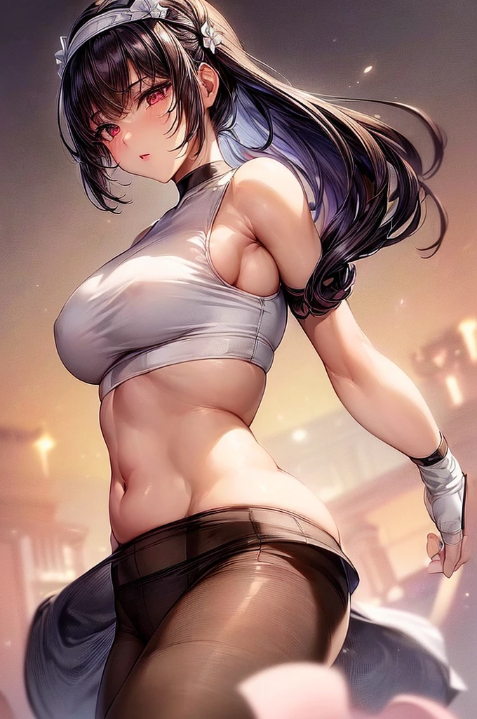 ((highest quality)),(ultra high resolution),(Super detailed),(detailed description),((best CG)),(best work of art),super precision art, great drawing art,(Art with precise details:1.5), (sleeveless sports bra with sheer waist high plain style pantyhose under crotchless panties 1 woman:1.5), beautiful and well-shaped face:1.5,(Beautiful skin with precise and detailed depiction:1.6),(:1.5),provocative angle:1.6,gorgeous, beautiful young teenage girl, 13 years old, lightly tanned white skin, short shoulder length hair, sleek dark violet-black hair, Pixie cut hair, big round velvet colored eyes, fringe bangs over forehead, oval shaped face, sharp facial features, high-bridged nose, full cherry pink lips. medium height(172cm). D-cup ???????, small narrow waist. small delicate curvy ????, smooth silky thick thighs, large round ???, hourglass figure, slim yet plump thick build, standing upright, full body picture, hip-level shot. classy and opulent bedroom setting