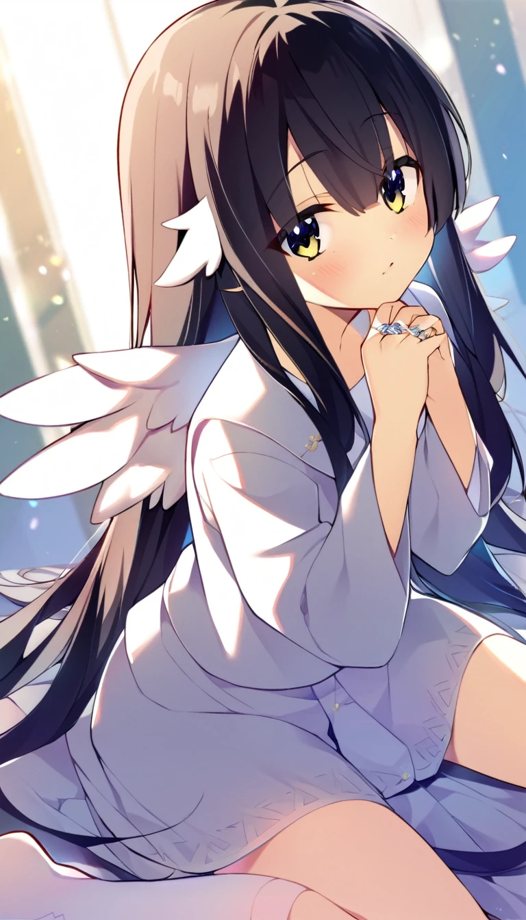 one girl, angel, angel wing, angel ring, sacred, cute, naive, black hair