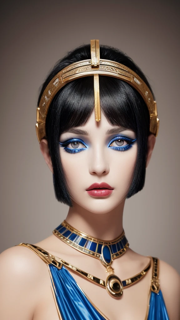 Photo of Cleopatra with natural skin, Short, voluminous black hair, Sharp eyes with blue eyeshadow, A thin, upturned nose, Well-shaped lips, Hourglass-shaped body shape, Typical attire, Makeup, Exquisitely crafted with the utmost attention to detail, Vibrant, amazing, Smooth, Cinematic, 4K, Backlight, Fantasy Desert Background, Shallow depth of field.