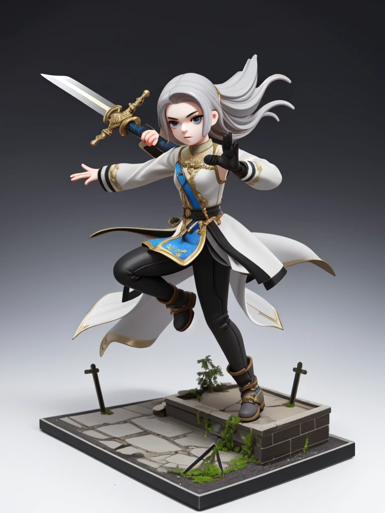 Tabletop Figures, Miniature, A Russian girl in her early 20s with ash grey hair, Fully equipped with jet black, state-of-the-art protectors, A brave pose brandishing a beautifully decorated long sword, The background is a diorama of ruins.