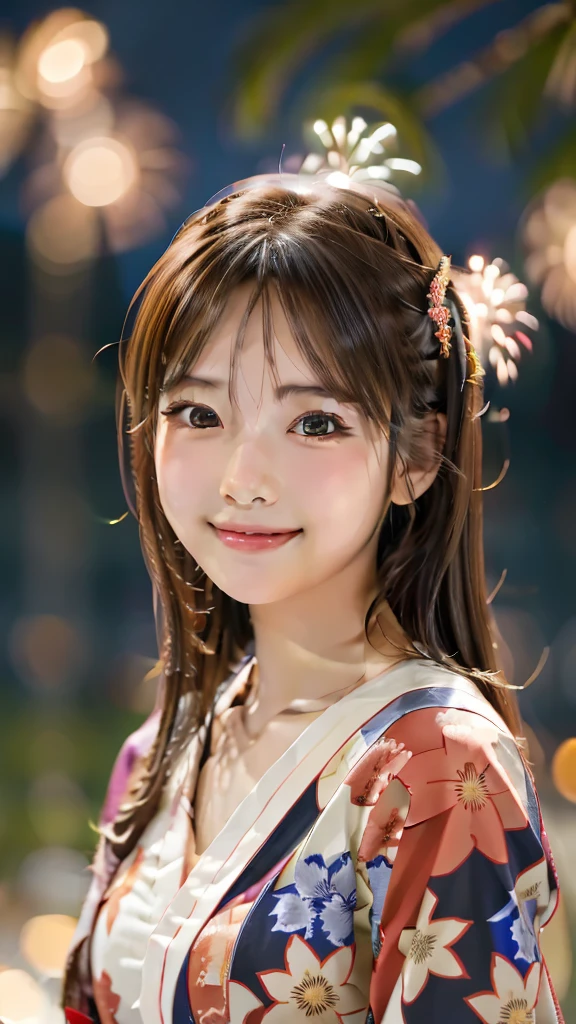 smile、high school girl、yukata、With fireworks in the background、Beautiful night view、