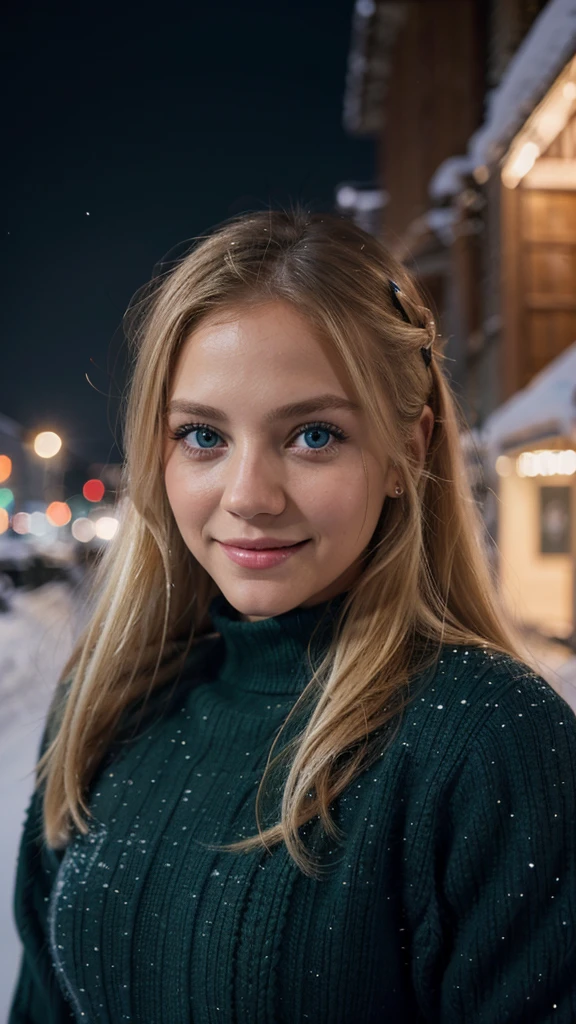 Lily Bowman), posing, modeling stand, with navy winter outfit design, snow , sexy smile, best quality, blur night background with Green Eyes, , Ultra Realistic, Meticulously Detailed, Portrait, Blonde Hair and Big Eyes, Selfie of a Young Woman, Green Eyes, No Makeup, Natural Makeup, Looking Directly at the Camera, face artgram, subtle make-up, Impressive photo, stand, with sexy smile, Medium and large size chest, allowing the face to be seen clearly snow.