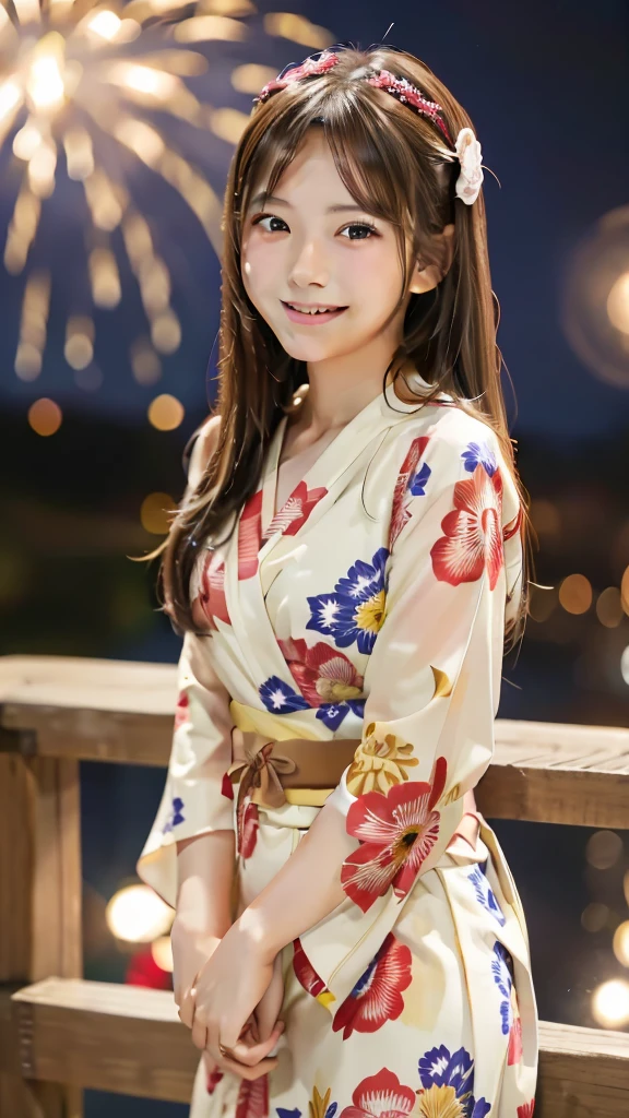 smile、high school girl、yukata、With fireworks in the background、Beautiful night view、