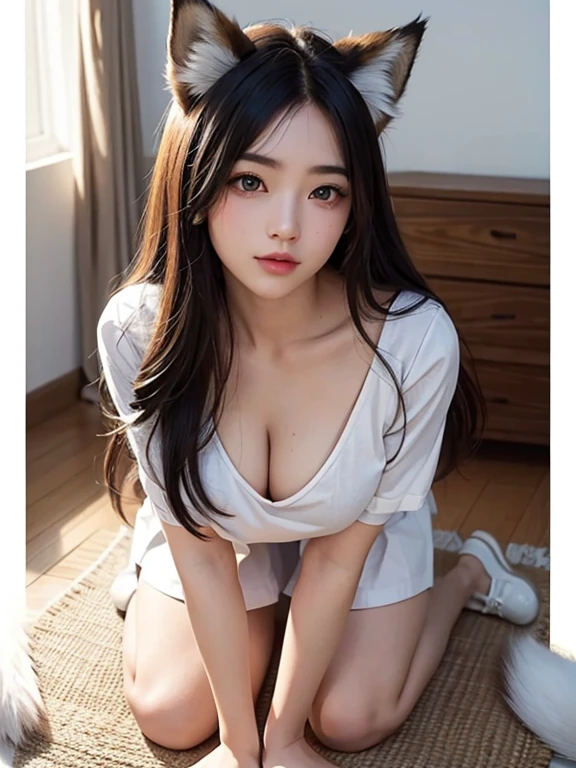 ((Highest quality)), ((masterpiece)), (Familiar), Perfect Face, fox lady, Pretty girl, Fox Ears, Fox tail, She has a northern fox tail, She wags her fluffy tail, She is a beautiful nurse, Beautiful hip line, Thick thighs, Big tail, The tail grows out of the skirt, Nice body, On all fours , Shyly staring at his tail, Only one tail, a shy face