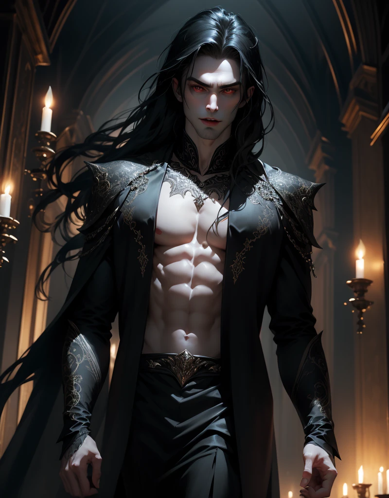 {anatomy}(Masterpiece - Ultra-detailed, very high resolution) Prepare to be enchanted by a true masterpiece that combines ultra-detailed art with high-resolution rendering. This work portrays a vampire man with long black hair (1.3) and captivating golden eyes (1.2), emanating an aura of mystery in dark settings. The intricate details and realistic textures invite you to explore every aspect of this enchanting composition. Vampire man. Black tunic. Serious expressions. Pale skin like a vampire. Walking, writing, standing, backwards, dynamic poses.

