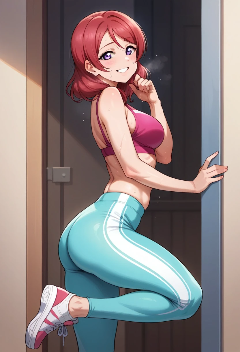 masterpiece, best quality, highres, nishikino maki,purple eyes,red hair, cowboy shot, pink skinny sweet pants, tight gym bra, sweating,sweat drops , slightly smile, (cleavage:0.7), thicc thighs, realistic art , curvy , sexual seduction, love live , standing on one leg,side ass