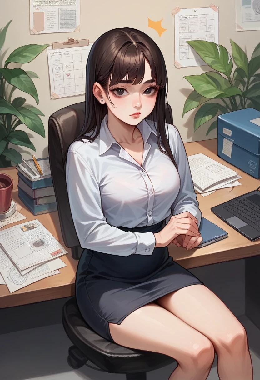 Caricature of a Korean woman with a career, big head, , ultra-realistic face wearing office attire, sitting in a chair in front of a table with various books, stationery and a laptop, 32k HD high quality photo