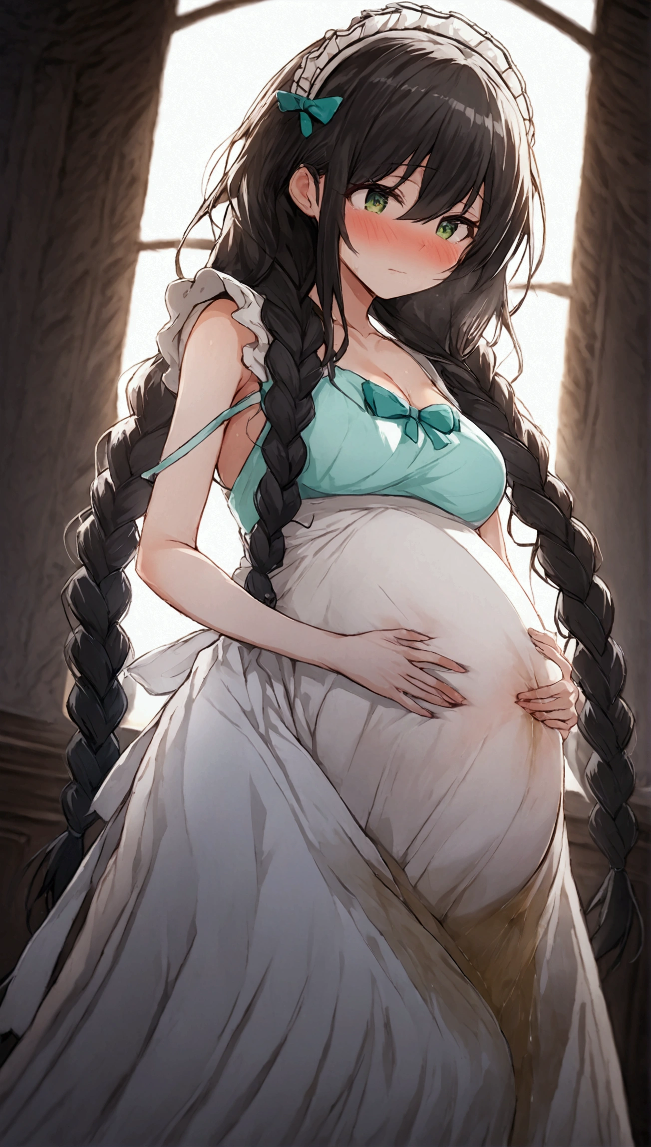 Anime. 1 girl. Housemaid. Pregnant. Black hair. Long hair. Hair is gathered in braids. Green eyes. Beautiful eyes. Perfect eyes. Expressive eyes. Beautiful nose. Ideal anatomical body. Beautiful graceful hands. Beautiful graceful legs. Medium breasts. Beautiful breasts. Nightgown. Contractions. The waters have broken. Childbirth. She's giving birth. I peed myself. I crap myself. Standing. Bedroom in a mansion. Full height. Embarrassment. Blush. Whole body. Extremely detailed CG Unity 8k wallpaper. Ideal lighting. Ultra high resolution 4K. Super detailed 8K resolution.