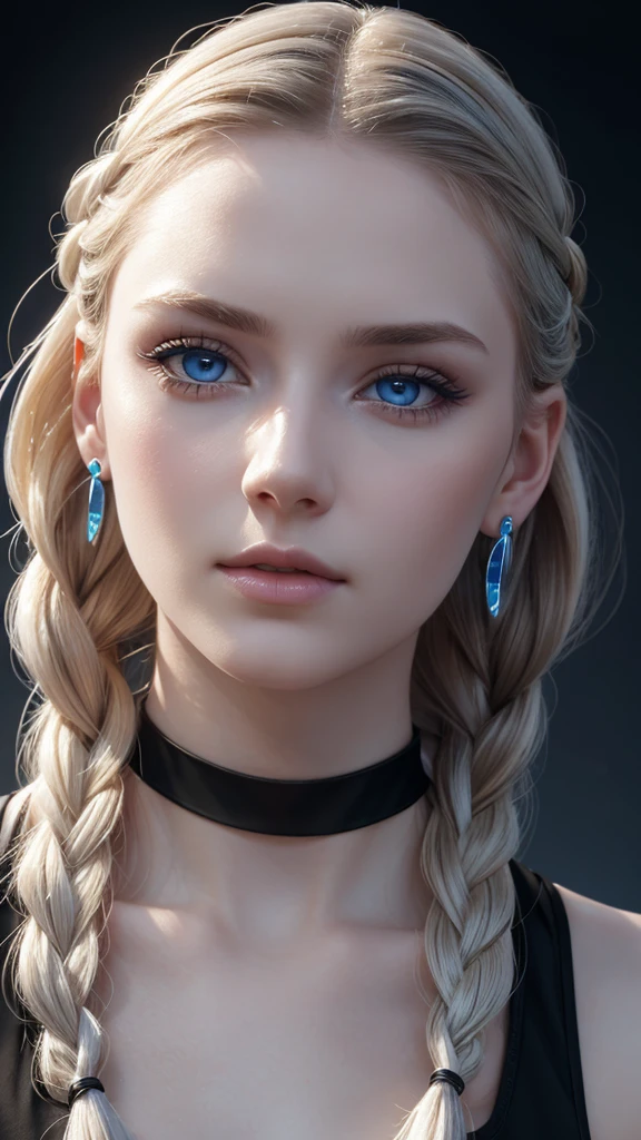 close-up of a beautiful woman, pale white skin, blue eyes, very long white braided hair, makeup, earrings, choker, low-cut black shirt (translucent), (masterpiece), (8K), (photorealistic), (ray tracing) ), (excellent lighting effect).ufo, kosmos