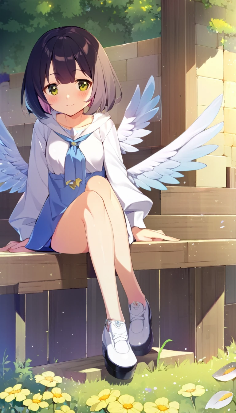 one girl, angel, angel wing, angel ring, sacred, cute, naive, black short hair