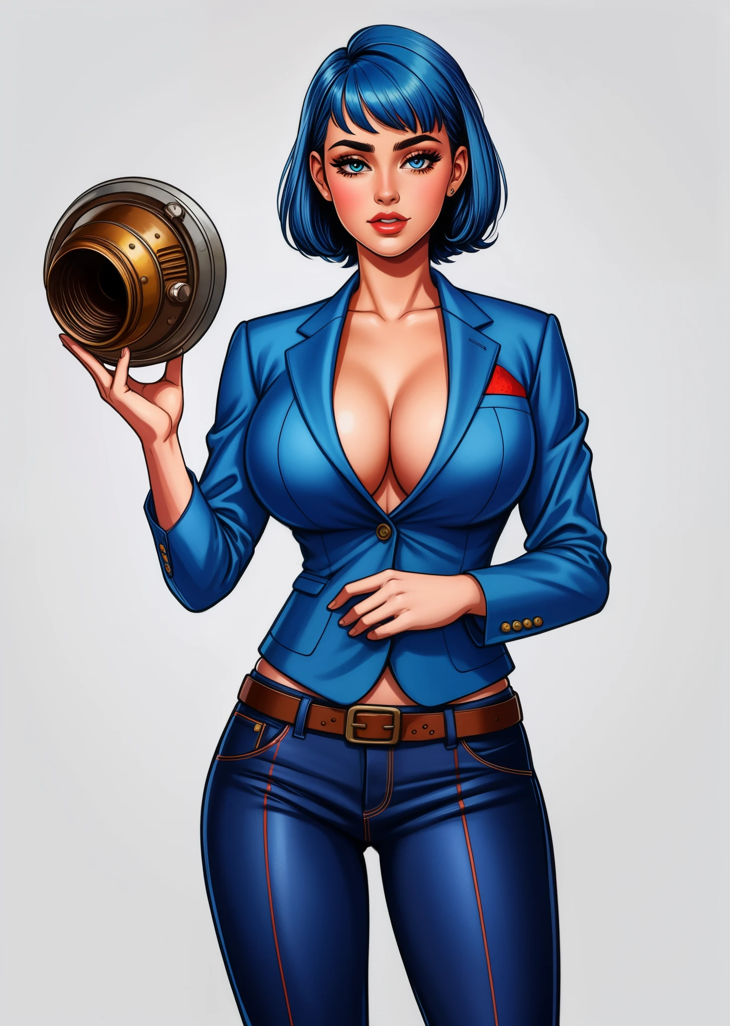 Cropped Blazer,
Blue hair,
Layered haircut,
Flared pants,
rubenesque, pinup,
cowboy shot, standing , in a retro-futuristic setting, atompunk style,
white background, blank background