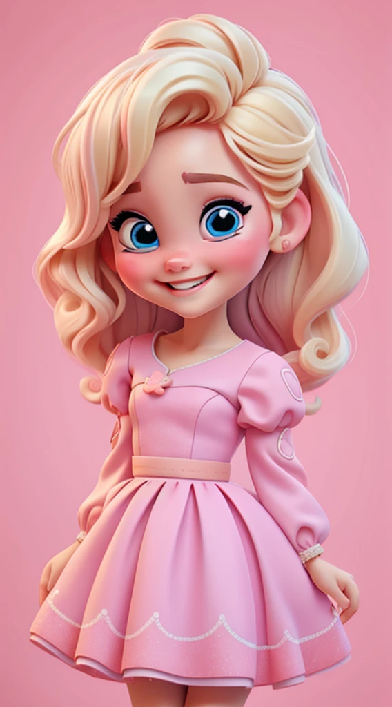 Baby girl cute chibi style, , , Tema estilosa, Linda, expressiva, Feliz, Sorriso lindo, bonito cabelos lisos, modelo profissional, Poses fofas, blonde, blue eyes, vivid color, blonde hair, pink dress, pink dress, white background
