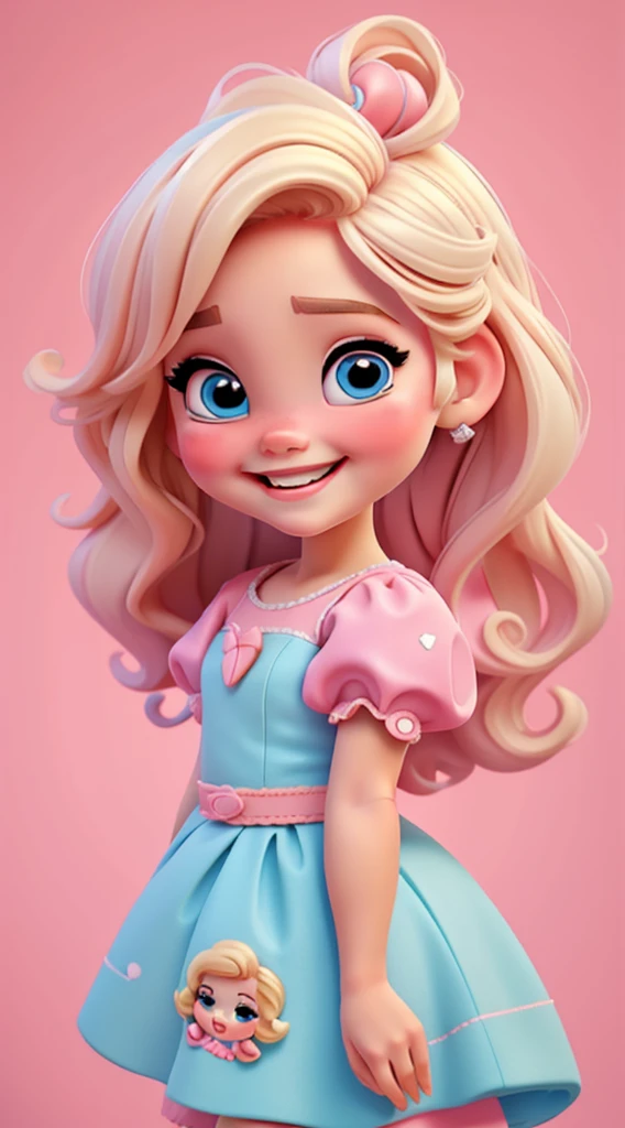 Baby girl cute chibi style, , , Tema estilosa, Linda, expressiva, Feliz, Sorriso lindo, bonito cabelos lisos, modelo profissional, Poses fofas, blonde, blue eyes, vivid color, blonde hair, pink dress, pink dress, white background