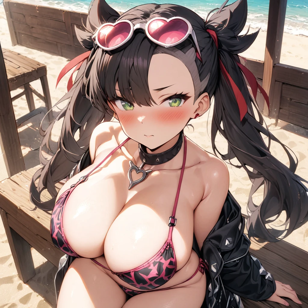 (masterpiece), best quality, expressive eyes, perfect face,1girl,gravure idol,big breasts,pink and black patterned string bikini,pink heart-shaped sunglases on head,strap gap,beach,beach bar,blush,cowboy shot,looking at viewer 
, red ribbon, asymmetrical bangs, twintails, green eyes, hair ribbon, black hair, marnie, heart pendant 