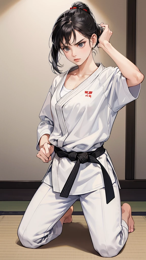 Slender female karateka　Mature Woman　((seiza))　Open chest　Karate Dojo　Black Hair　ponytail　((White T-shirt underneath the karate uniform))　clavicle　Black belt　sit　White pants,A loose, short-sleeved, plain white garment,　Loose white short-sleeved karate uniform　Décolletage　Open chest　karate gi