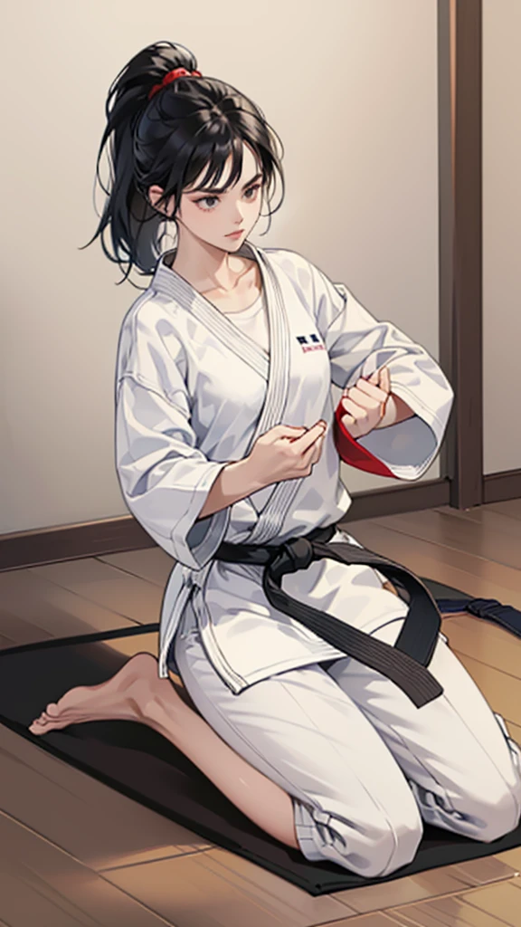 Slender female karateka　Mature Woman　((seiza))　Open chest　Karate Dojo　Black Hair　ponytail　((White T-shirt underneath the karate uniform))　clavicle　Black belt　sit　White pants,A loose, short-sleeved, plain white garment,　Loose white short-sleeved karate uniform　Décolletage　Open chest　karate gi