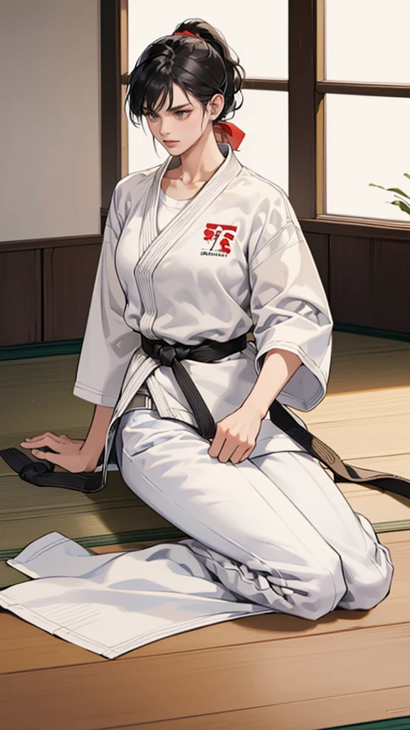 Slender female karateka　Mature Woman　((seiza))　Open chest　Karate Dojo　Black Hair　ponytail　((White T-shirt underneath the karate uniform))　clavicle　Black belt　sit　White pants,A loose, short-sleeved, plain white garment,　Loose white short-sleeved karate uniform　Décolletage　Open chest　karate gi