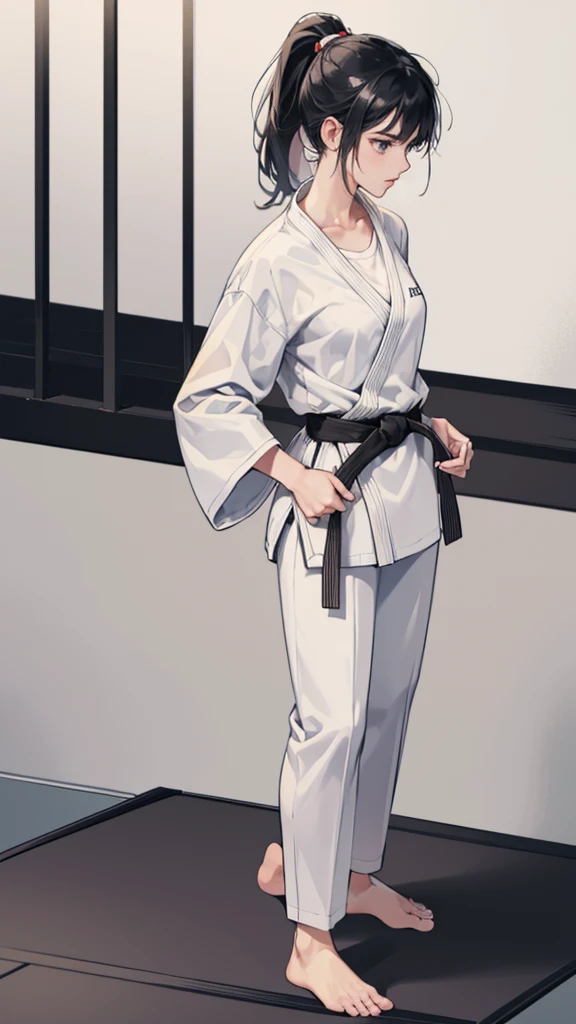 Slender female karateka　Mature Woman　((seiza))　Open chest　Karate Dojo　Black Hair　ponytail　((White T-shirt underneath the karate uniform))　clavicle　Black belt　sit　White pants,A loose, short-sleeved, plain white garment,　Loose white short-sleeved karate uniform　Décolletage　Open chest　karate gi