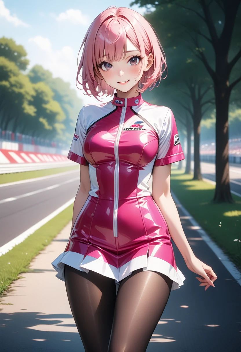 Pop colors, ((race queen)), ((skirt)), luster Outfit, (Black pantyhose), (latex high heel boots), skindentation, skinny, solo, 1 woman, Masterpiece, highest quality, highest quality, 16K, incredibly absurd, highly detailed, 2.5D, ai-generated, delicate and dynamic, very delicate facial expressions, delicate eye depiction, erotic, only sexy woman, ((A cute and kind face)), healthy figure, ((25-year-old woman)), 160cm tall, medium firm swaying bust, (short hair), (pink hair:1.5), bob cut, black eye, blush, Sweat,Embarrassed,sexy, ((thin thighs)), (camel toe:0.8), (Erect nipples:0.9), (visible nipples:0.5), ((shiny and lustrous)), facing straight at viewer, smile, (standing), cowboy shot, ((arm at side)), Large park, daytime, bright, on the grass,