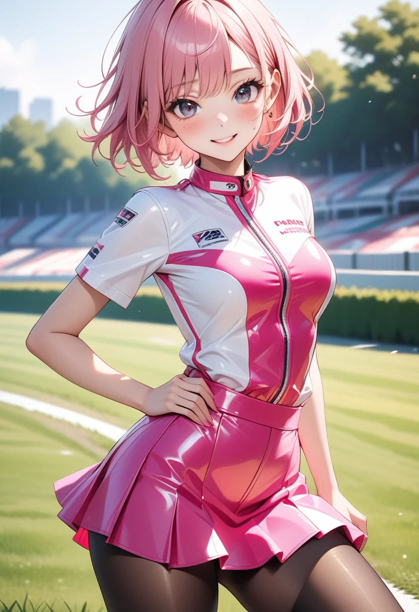 Pop colors, ((race queen)), ((skirt)), luster Outfit, (Black pantyhose), (latex high heel boots), skindentation, skinny, solo, 1 woman, Masterpiece, highest quality, highest quality, 16K, incredibly absurd, highly detailed, 2.5D, ai-generated, delicate and dynamic, very delicate facial expressions, delicate eye depiction, erotic, only sexy woman, ((A cute and kind face)), healthy figure, ((25-year-old woman)), 160cm tall, medium firm swaying bust, (short hair), (pink hair:1.5), bob cut, black eye, blush, Sweat,Embarrassed,sexy, ((thin thighs)), (camel toe:0.8), (Erect nipples:0.9), (visible nipples:0.5), ((shiny and lustrous)), facing straight at viewer, smile, (standing), cowboy shot, ((arm at side)), Large park, daytime, bright, on the grass,