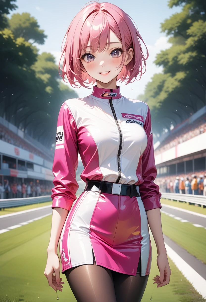 Pop colors, ((race queen)), ((skirt)), luster Outfit, (Black pantyhose), (latex high heel boots), skindentation, skinny, solo, 1 woman, Masterpiece, highest quality, highest quality, 16K, incredibly absurd, highly detailed, 2.5D, ai-generated, delicate and dynamic, very delicate facial expressions, delicate eye depiction, erotic, only sexy woman, ((A cute and kind face)), healthy figure, ((25-year-old woman)), 160cm tall, medium firm swaying bust, (short hair), (pink hair:1.5), bob cut, black eye, blush, Sweat,Embarrassed,sexy, ((thin thighs)), (camel toe:0.8), (Erect nipples:0.9), (visible nipples:0.5), ((shiny and lustrous)), facing straight at viewer, smile, (standing), cowboy shot, ((arm at side)), Large park, daytime, bright, on the grass,