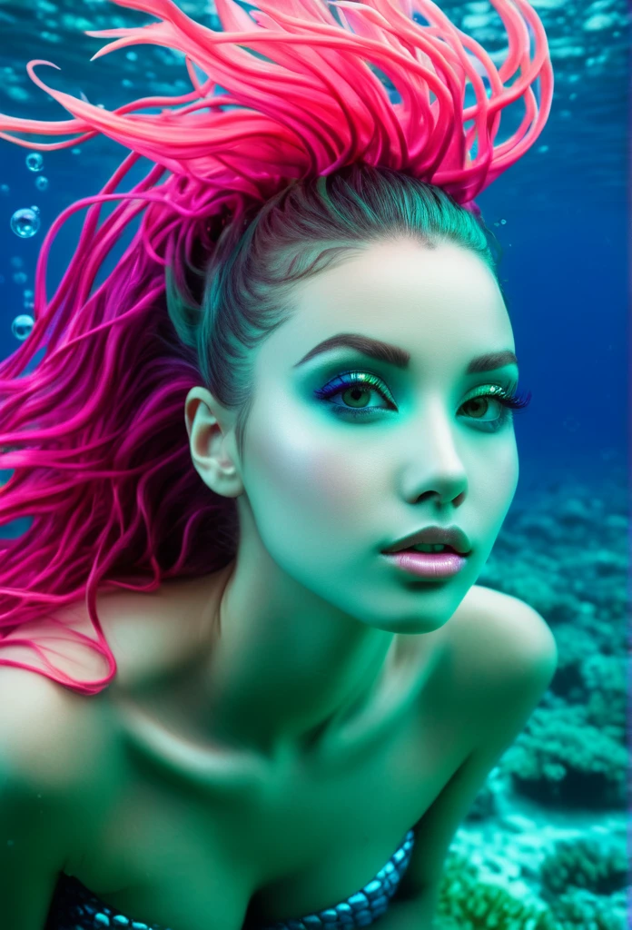 Portrait of an extravagant and colorful woman who resembles a mermaid. perfectbody, natural breasts, clean skin, Youth Resources, wide open eyes and cheeks. vibrant view, Gravity-defying hair in shades of purple, cerulean, pink and turquoise . Your hair blends in with corals and marine animals, creating an underwater illusion. Small bubbles floating around the head add to the underwater theme. General Effect: Serene otherworldly underwater creature in silent contemplation.