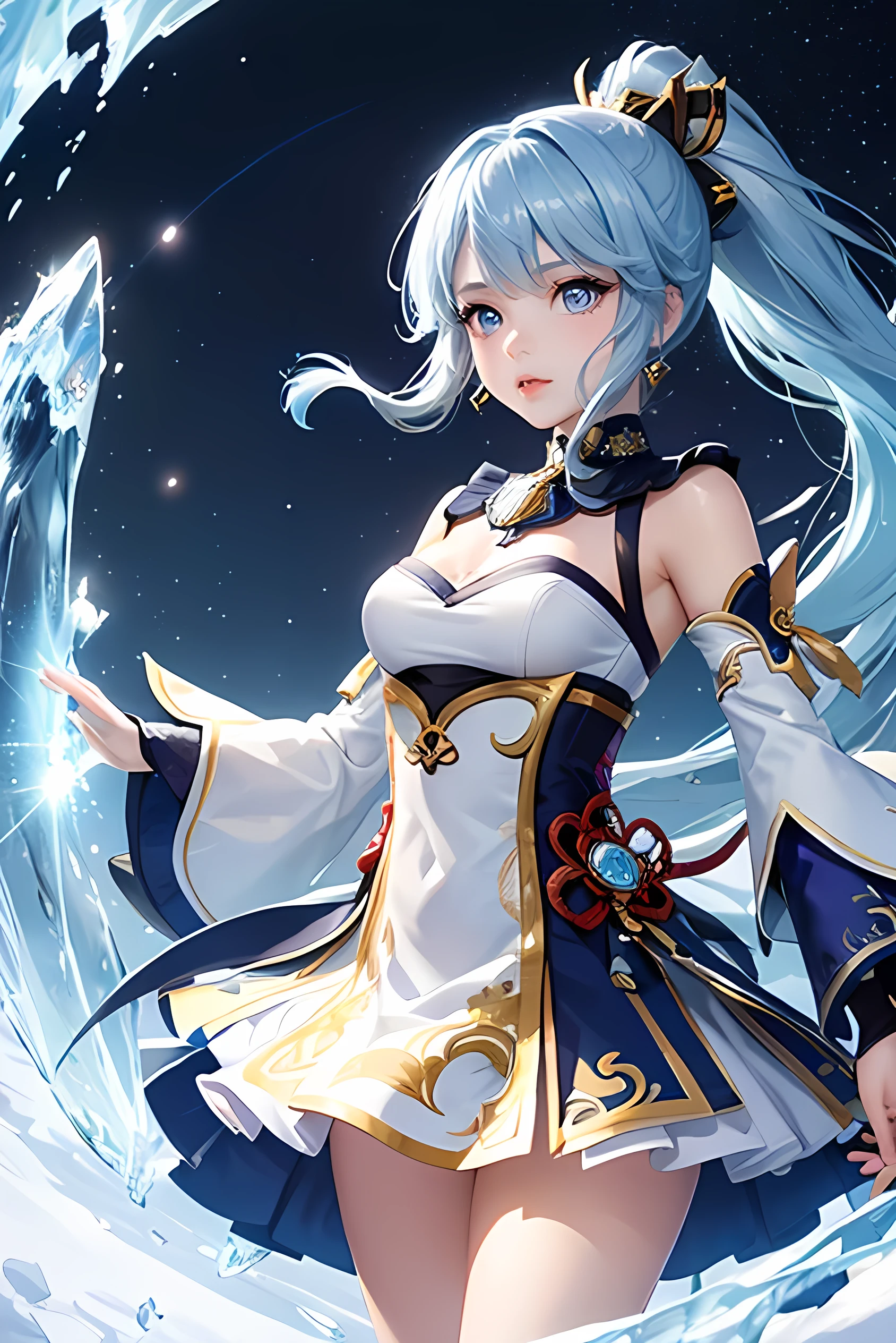 (Highest quality、Highest quality、Masterpiece、Very delicate、Very detailed、Exquisite、16K、Full HD)、1 female、(Ayaka Kamisato、Genshin Impact)、(Light blue mini skirt flare dress、Silver embroidery、Skirt in the wind、ribbon、White frills)、Perfect body line、Glowing Skin、(Groomed eyebrows、Pink Lips、Light blue eyes、Detailed eyes)、(Light blue hair、ponytail、Shiny Hair)、Dynamic Pose、Dramatic lighting、(Vortex、snow、ice、Starry Sky)