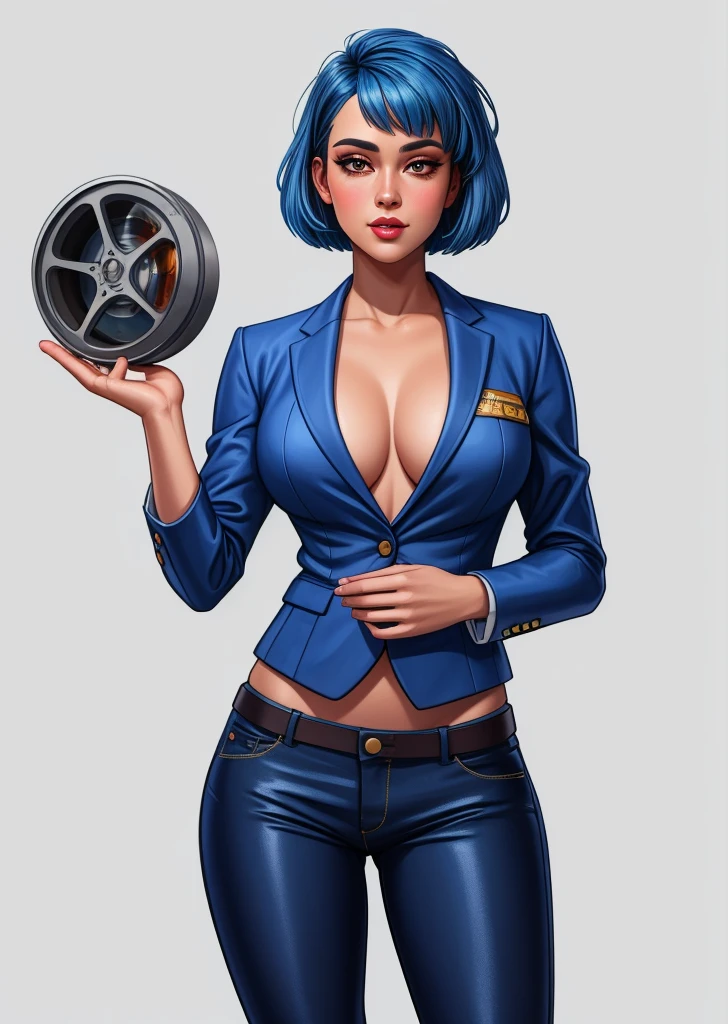 Cropped Blazer,
Blue hair,
Layered haircut,
Flared pants,
rubenesque, pinup,
cowboy shot, standing , in a retro-futuristic setting, atompunk style,
white background, blank background,, (Extremely Detailed Oil Painting:1.2), glow effects, godrays, Hand drawn, render, 8k, octane render, cinema 4d, blender, dark, atmospheric 4k ultra detailed, cinematic sensual, Sharp focus, humorous illustration, big depth of field, Masterpiece, colors, 3d octane render, 4k, concept art, trending on artstation, hyperrealistic, Vivid colors, extremely detailed CG unity 8k wallpaper, trending on ArtStation, trending on CGSociety, Intricate, High Detail, dramatic, absurdes