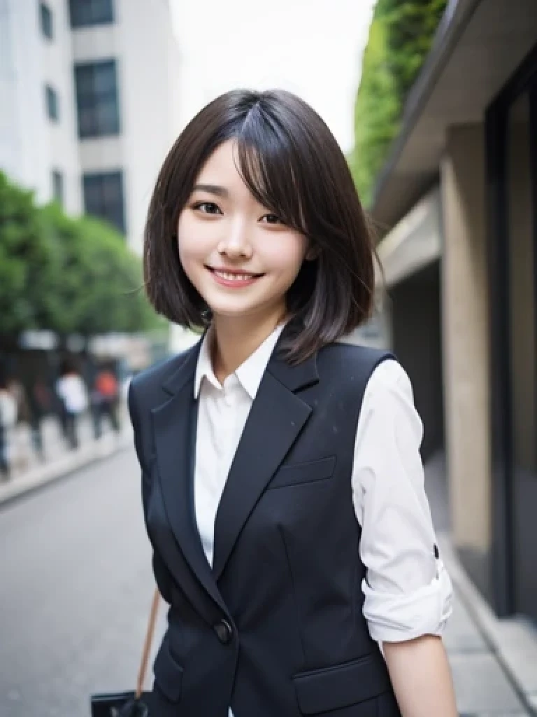 Japanese、18 year old girl、Very slim、((Smiling))、business suit、Business district、hort hair