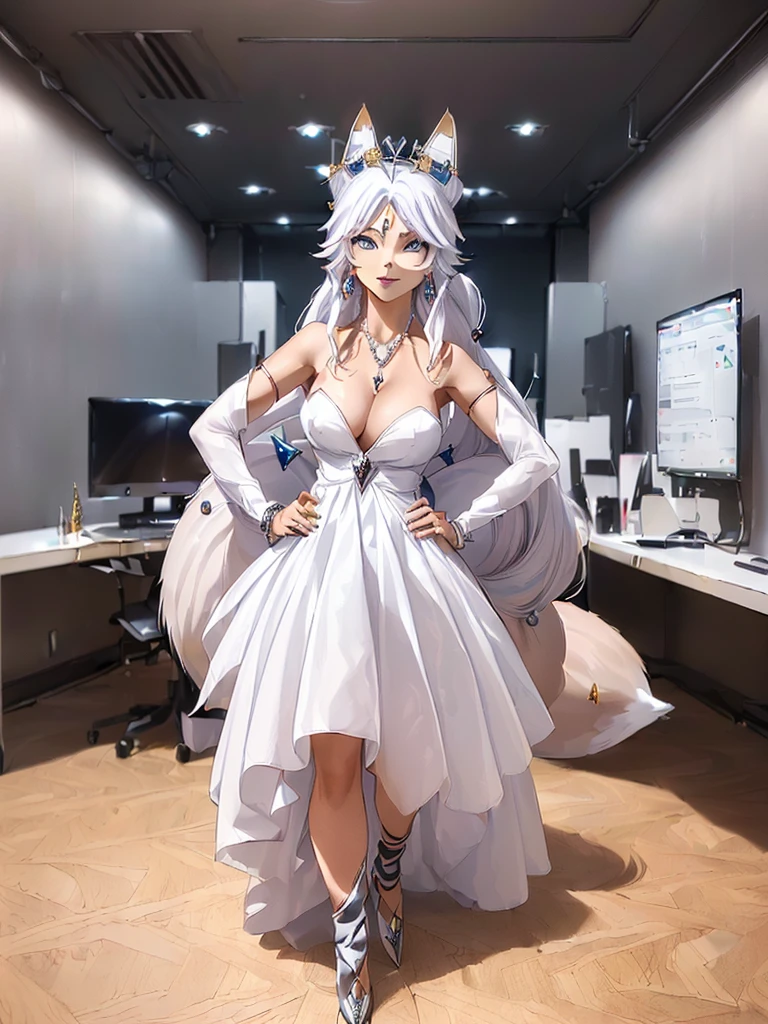 great quality ++ Extremely detailed high resolutionolution, very aesthetic, expressive eyes, (((Perfect face))), (((face symmetrical))), ((good anatomy)), (((perfect hands))), (((8k))), UHD, hd wallpaper, (((detailed high cal, (((((1girl)))))), only, Masterpiece, The best quality, high resolution, Highly detailed, (illustration), Beautiful detailed eyes, ((((full body))), (((solo))), (((((koyan-la1))))), (((smiling))), (((fusion))), (((agglutination))), (((Combination))), (((((White hair))))), (((blue eyes))), (((ponytail))), (((white dress))), (((jewelry))), (((necklace))), (((earrings))), only, jaeces, earrings, long hair, parody, (((scar))), (((scar ocular))), (((hair ornament))), (((office background))), (((hand on hip))), (((strolling))), Side ponytail, scar en la cara, Upper part of the body, (((fox tail))), (((fox ears))), (((tiara))), (((jewelry))), (((earrings))), (((neckline trimming))),