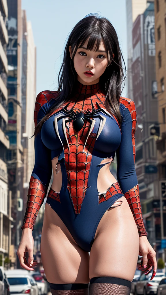 Browsing Caution:1.15((Cowboy Shot))、Mature Woman、(masterpiece, Highest quality), Intricate details, 8K, 1 Girl,((Blunt bangs))、 Black Hair,((Spiderman Suit)),Skyscraper, city, building,street,((Delicate painting))，(Detailed RAW photos of girls), (Flying debris:1.25), (Highest quality:1.6), (Ultra-high resolution:1.5), (Realistic:1.75), 8K resolution, Canon EOS R5, 50mm, Confused, Very detailed,Cinema Lighting、(((Super big breasts)))、Spread your legs、The abdomen is visible、((another々Suit))、Spider knee-high socks、Sexy pose、spiderman bikini、(((A torn and tattered suit:1.1)))