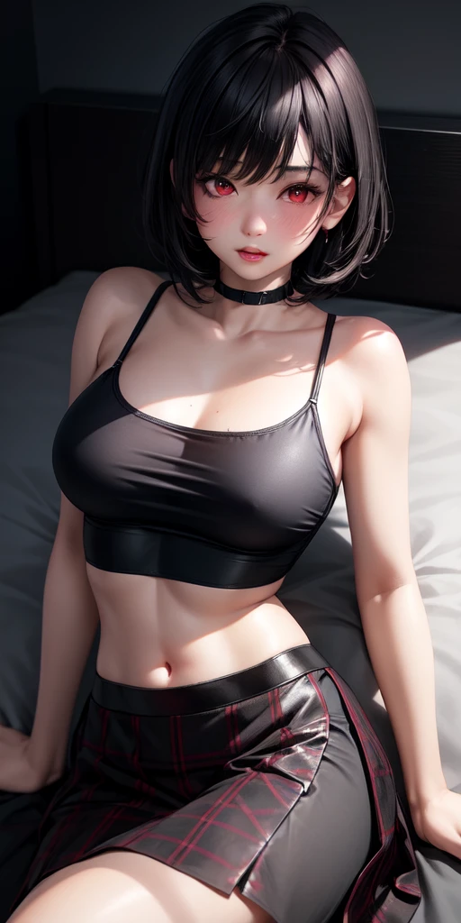 realistic, 1girl,black short hair, red eyes, glowing eyes, crop top, skirt, parted lips, blush, night,sexy,lie down on bed