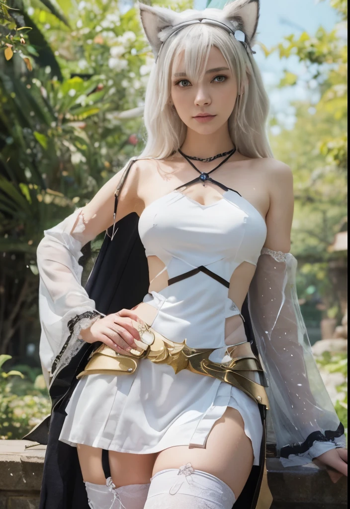anime girl with white hair and a cat ears in a White Dress, White-haired God, Anime Goddess, portrait Zodiac Knight Girl, Kschaert Krentz Key Art Feminine, artstation pixivでトレンド, Ash, Very detailed fan art, Official Art, Dressed in white, White Dress!! Silver-haired, Zodiac Knight Girl, Detailed Anime Character Art