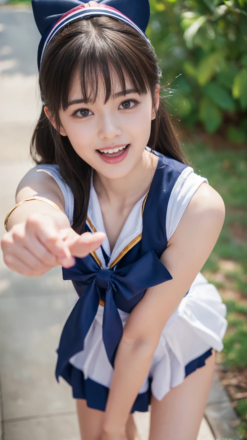 (8K、RAW Photos、Highest quality、masterpiece:1.2)、(Realistic、Realistic)、1 Girl、((Sailor Moon Costume:1.2、Thin legs、whole body、View from the front、smile、Looking into the camera、Open_mouth,Blowjob_gesture,Blowjobgesture))、cute