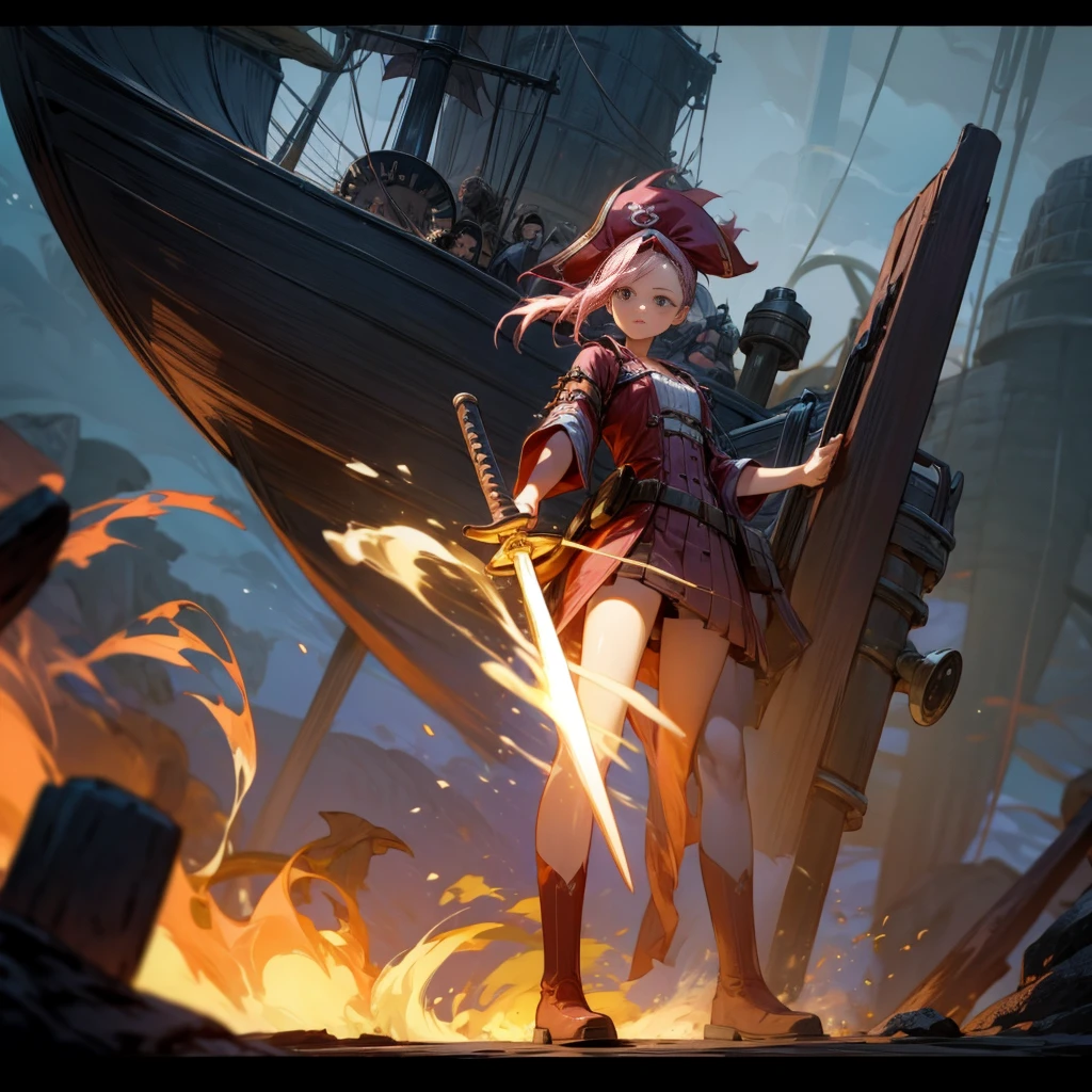 1girl, Full body version, 1character, girl version, black eyes, long Curly haircut, pink colour hair, ancient pirate style clothing, red colour clothing, long boots, Grassroots, background in sea, motion blur, (Hunter x Hunter style), sword Gladius in hang, pirate hat, pirate robe, smoke effect, aura effect, blue lighting, lightning sword, low angle view, fire, with ship pirates, normal gesture