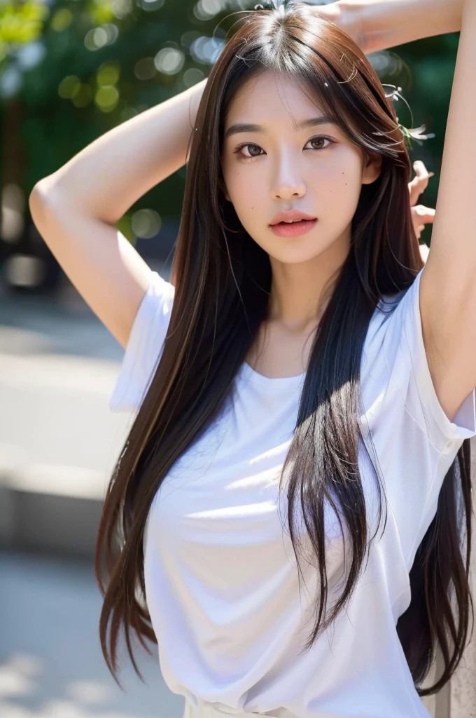 (best quality:1.4), (ultra highres:1.2), (photorealistic:1.4), (8k, RAW photo:1.2),(portrait shot:1.3), bmangpor, 1girl, solo, long hair, brown hair, upper body, armpits, arm up, white shirt, mole on the left cheek 