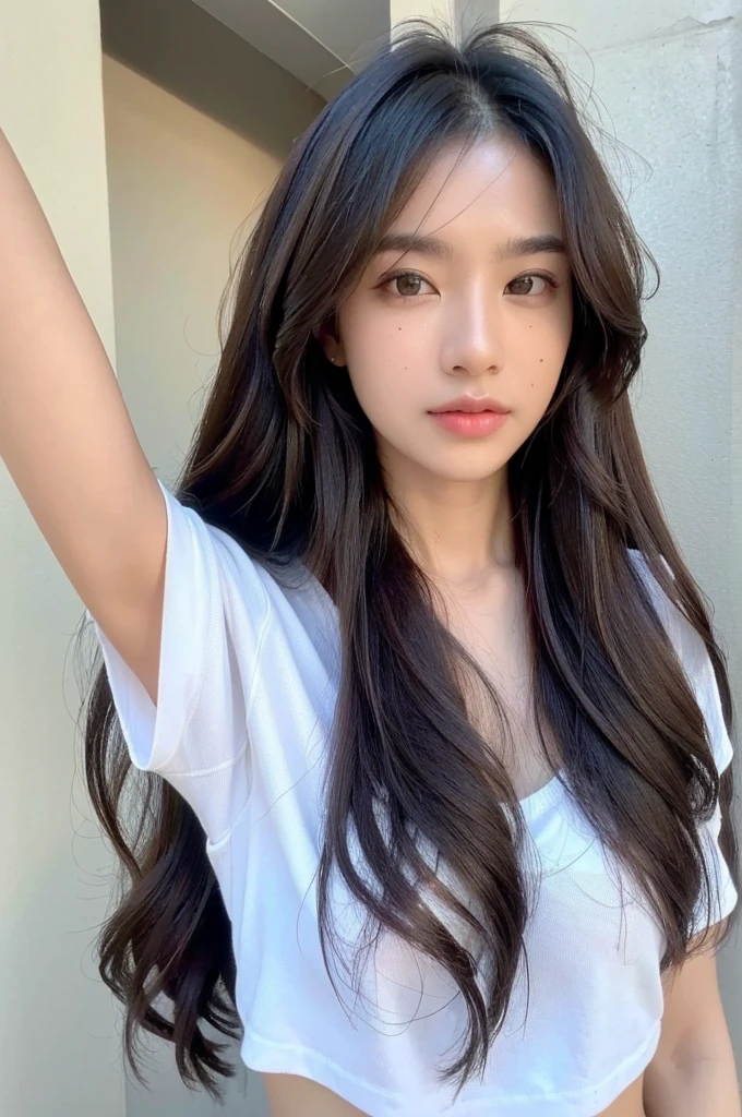 (best quality:1.4), (ultra highres:1.2), (photorealistic:1.4), (8k, RAW photo:1.2),(portrait shot:1.3), bmangpor, 1girl, solo, long hair, brown hair, upper body, armpits, arm up, white shirt, mole on the left cheek
