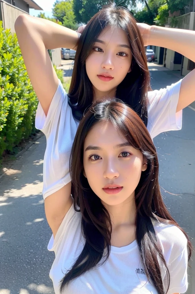 (best quality:1.4), (ultra highres:1.2), (photorealistic:1.4), (8k, RAW photo:1.2),(portrait shot:1.3), bmangpor, 1girl, solo, long hair, brown hair, upper body, armpits, arm up, white shirt, mole on the left cheek 