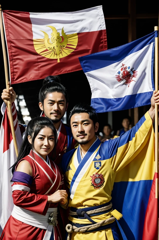 Inosuke Hashibira (from Demon Slayer) and Heizou Shikanoin (from Genshin Impact) together with a Colombian flag celebrating the match together 