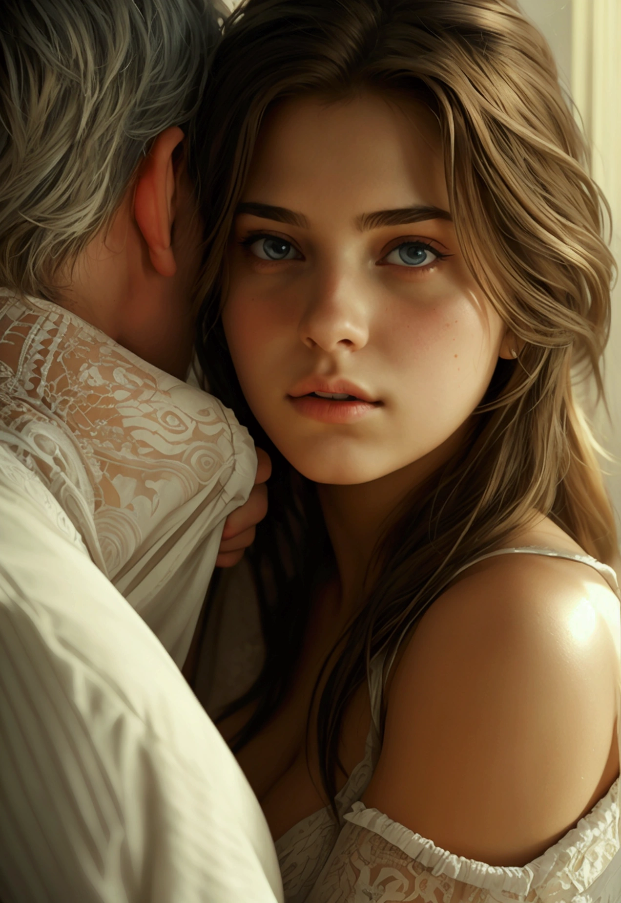 a beautiful teenage girl with large breasts, wearing minimal clothing, embracing her older brother, hyper realistic, intricate details, dramatic lighting, cinematic composition, dramatic atmosphere, warm color palette, photorealistic, 8k, extremely detailed, masterpiece